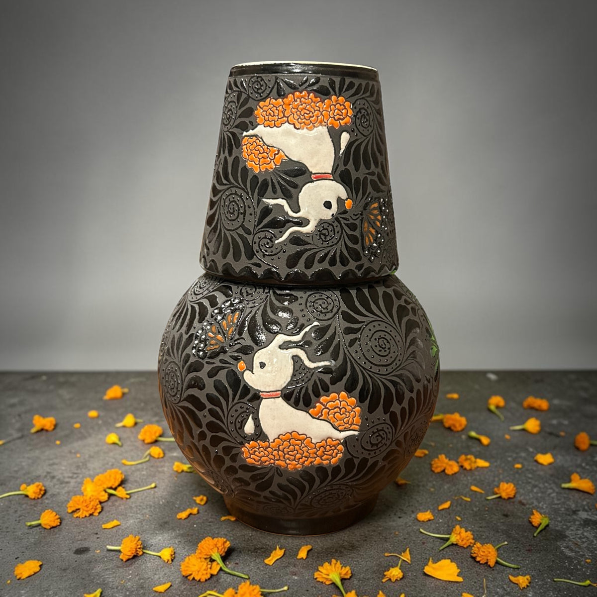 Black Zero with Marigolds themed Botellon / Water Carafe