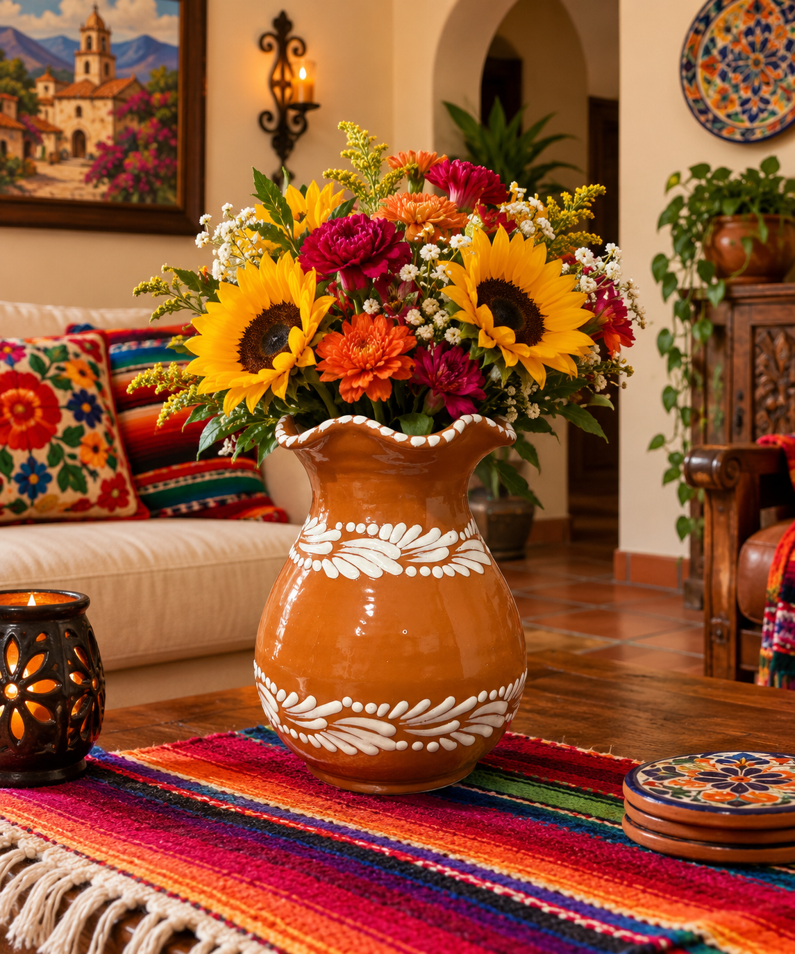 Brown Talavera Plumeado Vase / Utensil Holder