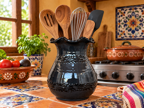 Black Talavera Plumeado Vase/Utensil Holder