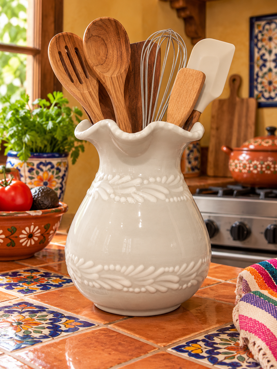 White Talavera Plumeado Vase/Utensil Holder