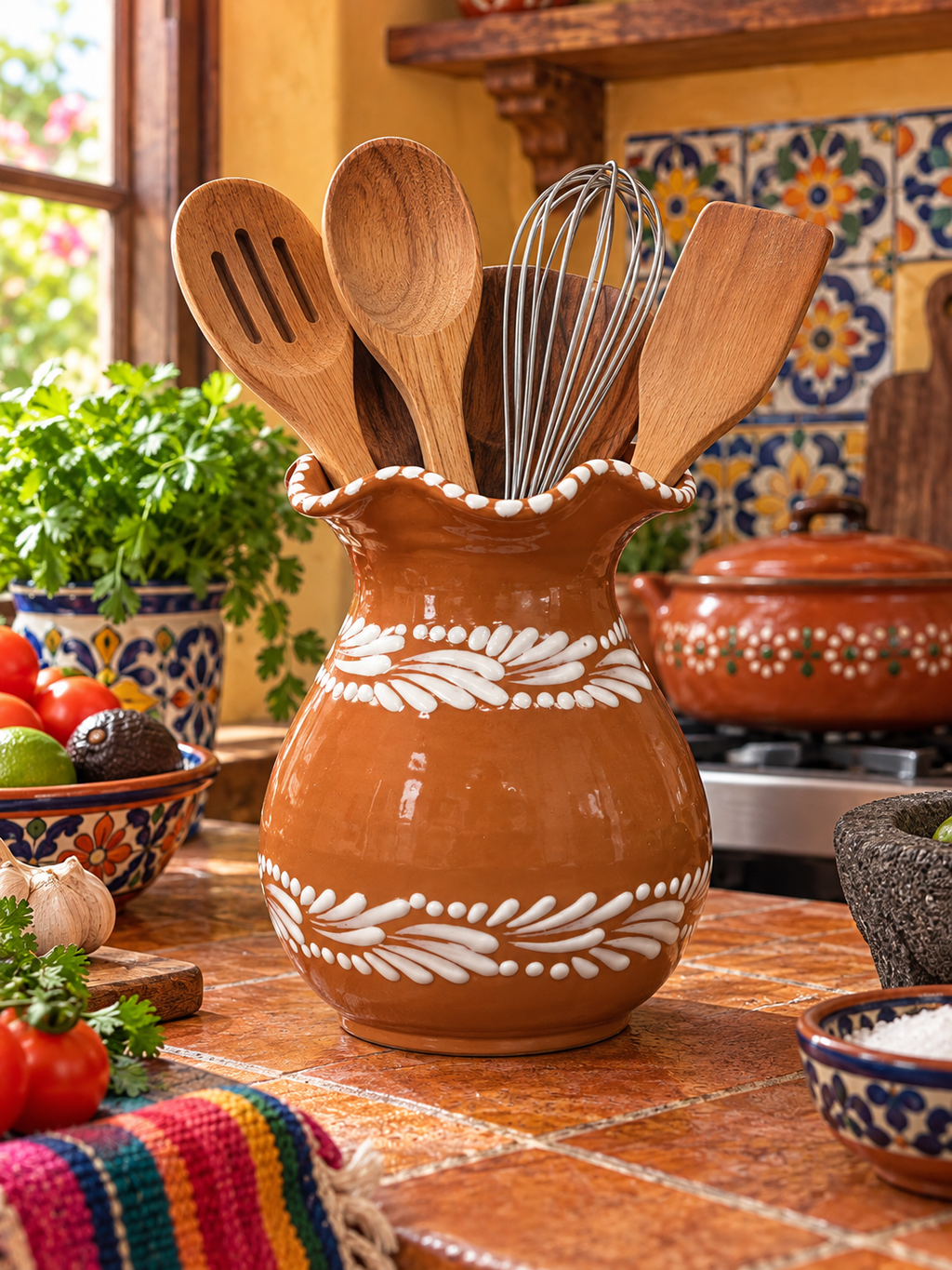 Brown Talavera Plumeado Vase / Utensil Holder